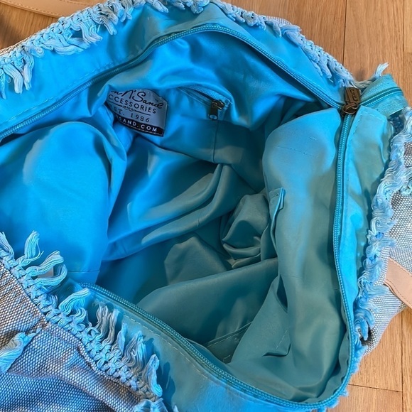Sun N Sand Beach Bag Denim Frayed Light Blue Tan Zipper - Picture 7 of 11